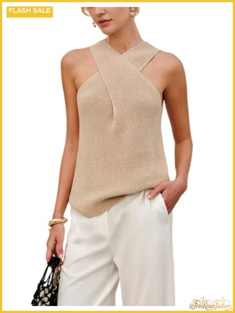 Women's Halter Neck Ribbed Knit Tank Top Sleeveless Summer Blouse